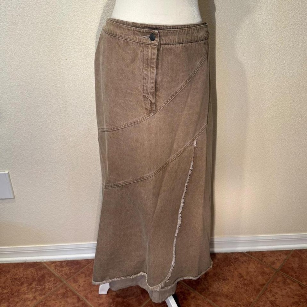 Vintage Asymmetrical Boho Western Prairie Y2K Denim Maxi Skirt Women 16 Brown